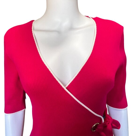 Select + Trend Hot Pink Ribbed Wrap Top w/ Bow Detail & Half Sleeves Womens Sz L - Picture 4 of 7